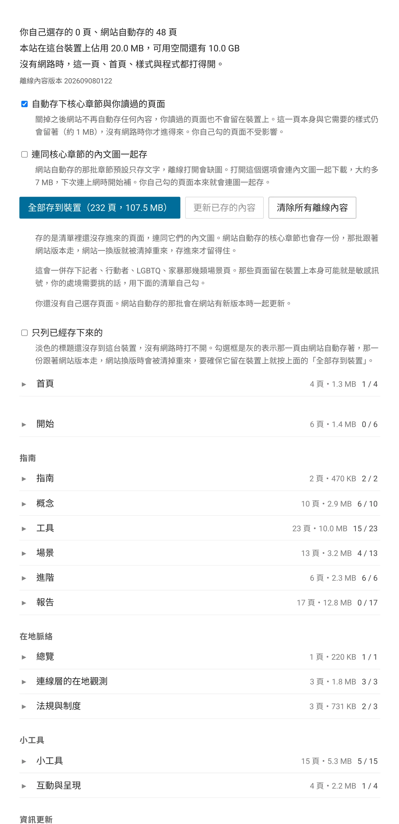 離線閱讀頁的上半部,佔用空間統計、自動存下內容與內文圖兩個開關,以及全部存到裝置、更新已存的內容、清除所有離線內容三顆按鈕