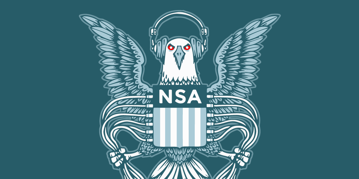 EFF's NSA eagle graphic, reworking the NSA seal into an eagle plugging its talons into telecom lines, representing warrantless mass surveillance