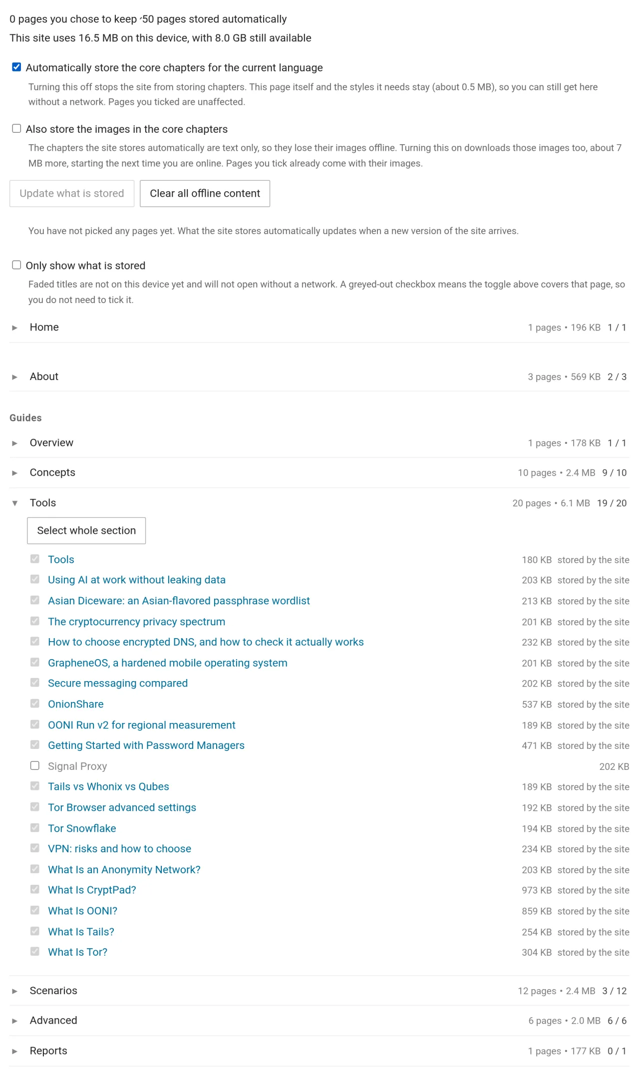 The offline reading page, with storage totals and two automatic-storage switches at the top and pages listed by chapter below, the Tools chapter expanded to show each page with its size and tick state