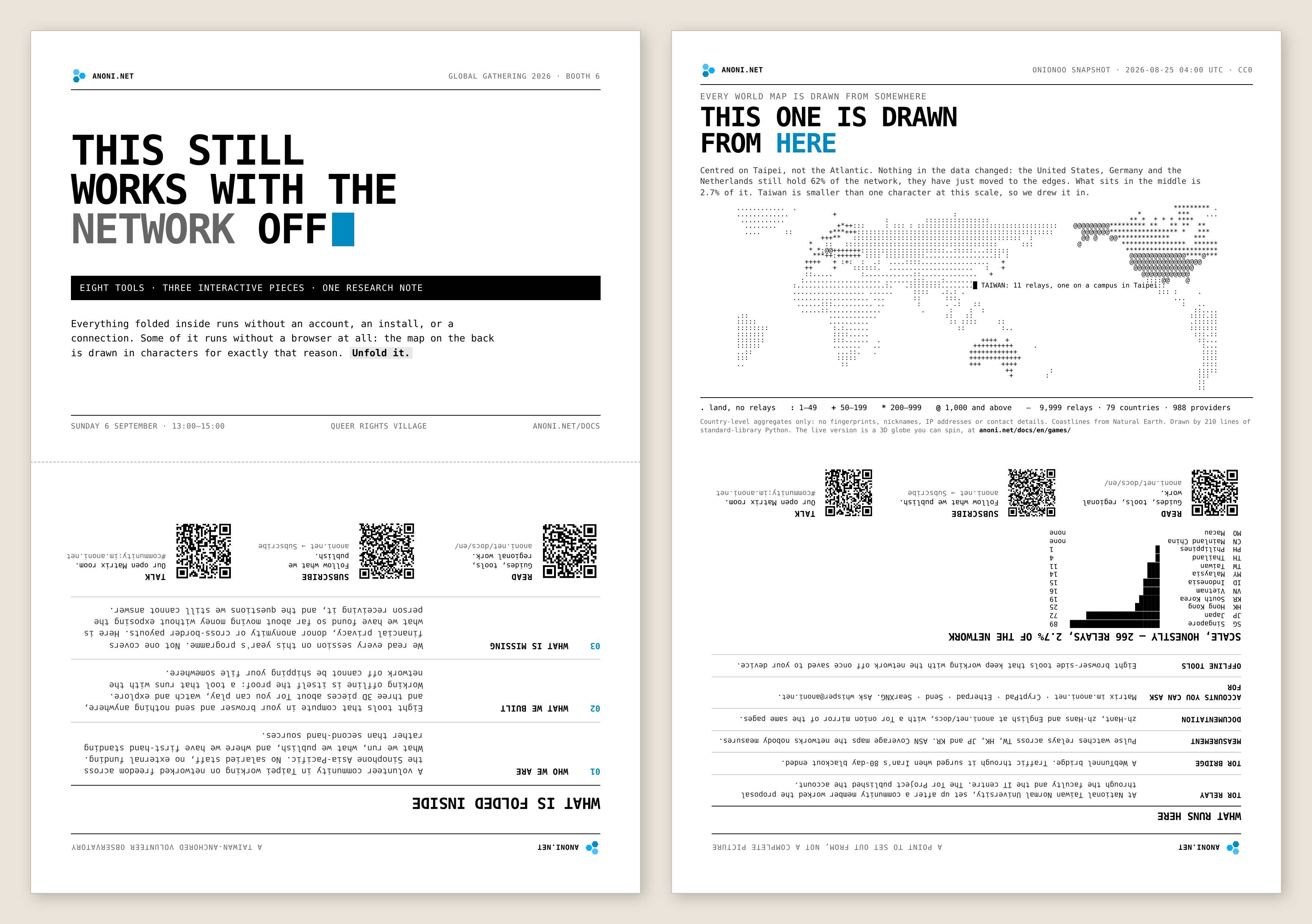 The two sides of the wrapper laid flat side by side. On the left a plain typographic cover, on the right a world map set in characters with a solid block marking Taiwan at the centre