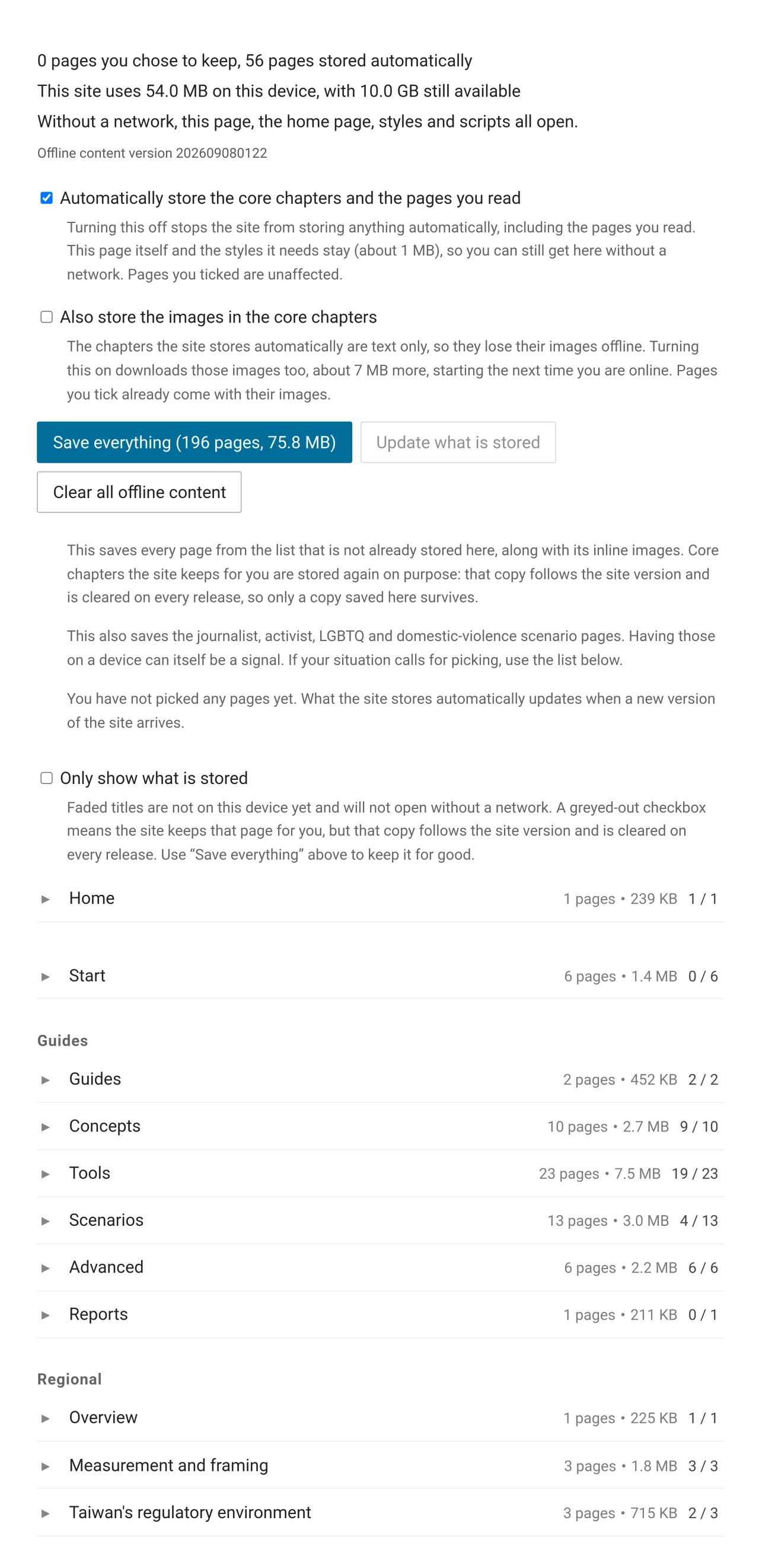 The top of the offline reading page: storage totals, the automatic-storage and inline-image switches, and the Save everything, Update what is stored and Clear all offline content buttons