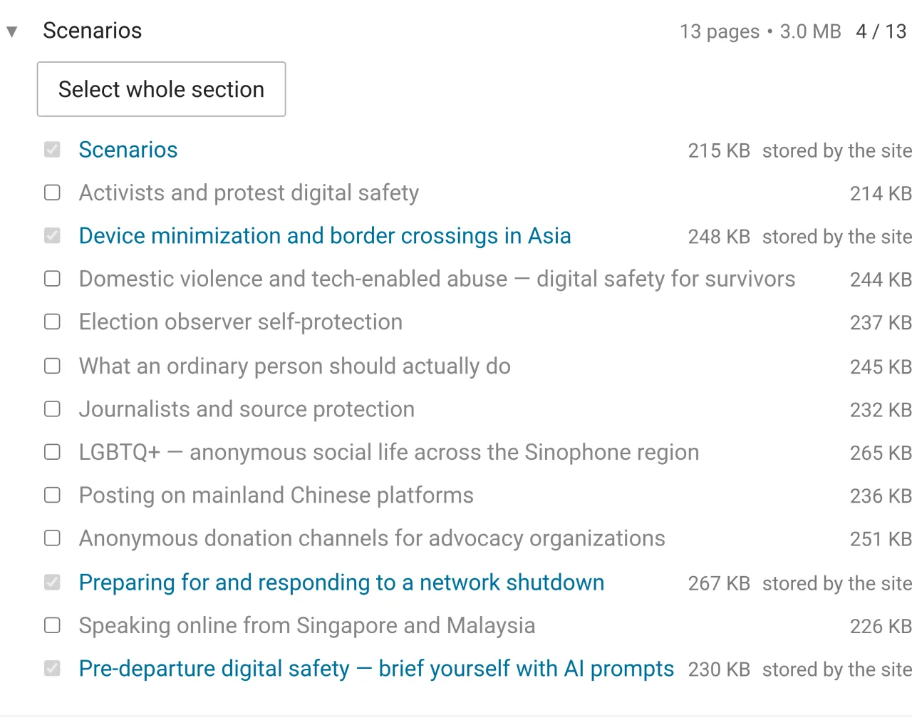 The offline reading page with the Scenarios chapter expanded, listing 13 pages, four of them greyed out and marked as already stored by the site, while the journalist, domestic abuse and LGBTQ pages sit unticked for the reader to choose