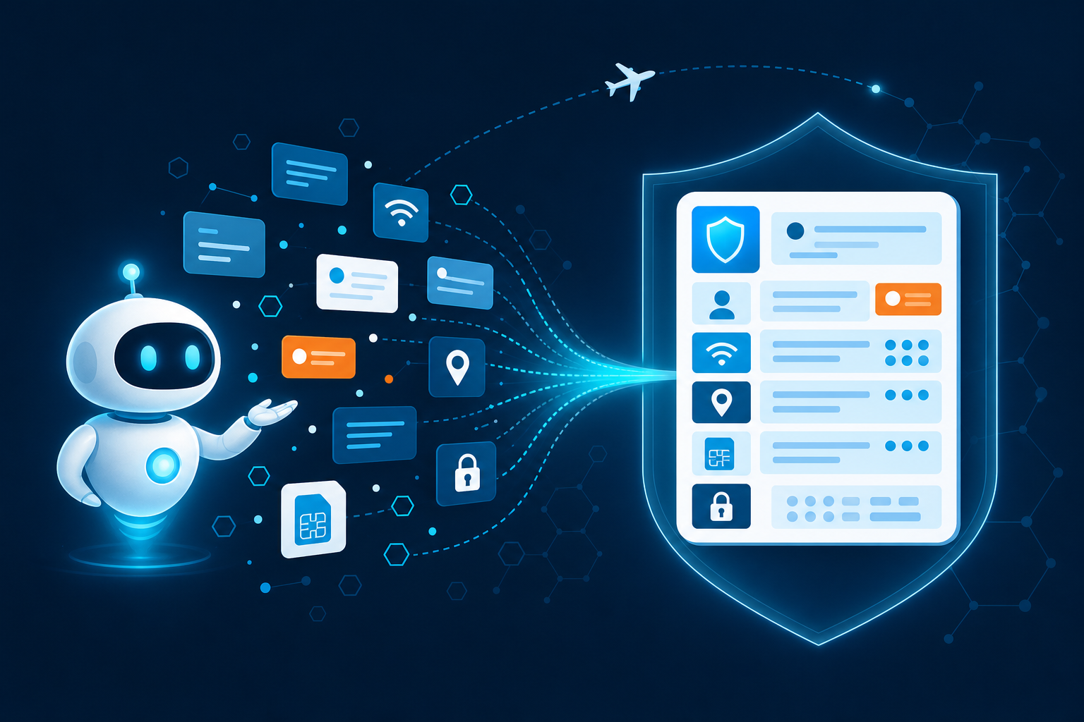 Illustration: an AI assistant on the left gathers scattered data cards (Wi-Fi, location pin, lock, SIM, QR) and sorts them along dotted lines into a shield-framed pre-departure briefing panel on the right, with an airplane and a flight-path arc above