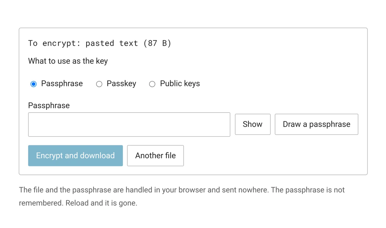 Local file encryption, with passphrase, passkey and recipient key modes, a passphrase field below them, and the encrypt-and-download button