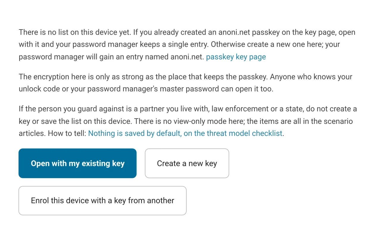 The preparation checklist before it is unlocked, explaining that this device holds no checklist yet and offering three routes: open it with a key you already have, create a new key, or enrol this device using another device's key