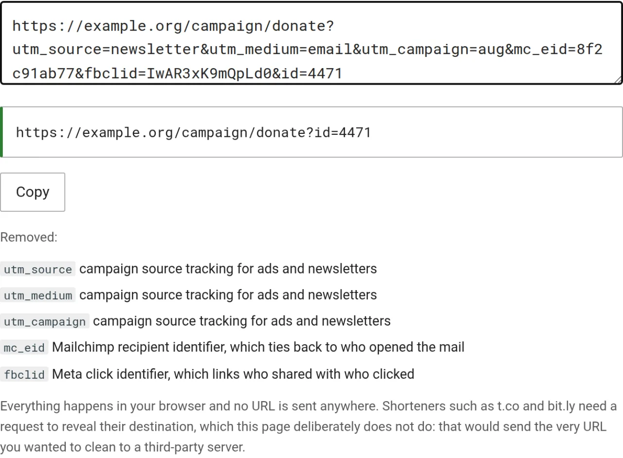 The URL cleaner turning a donation link carrying five tracking parameters into a clean one, with each parameter and its owner listed underneath