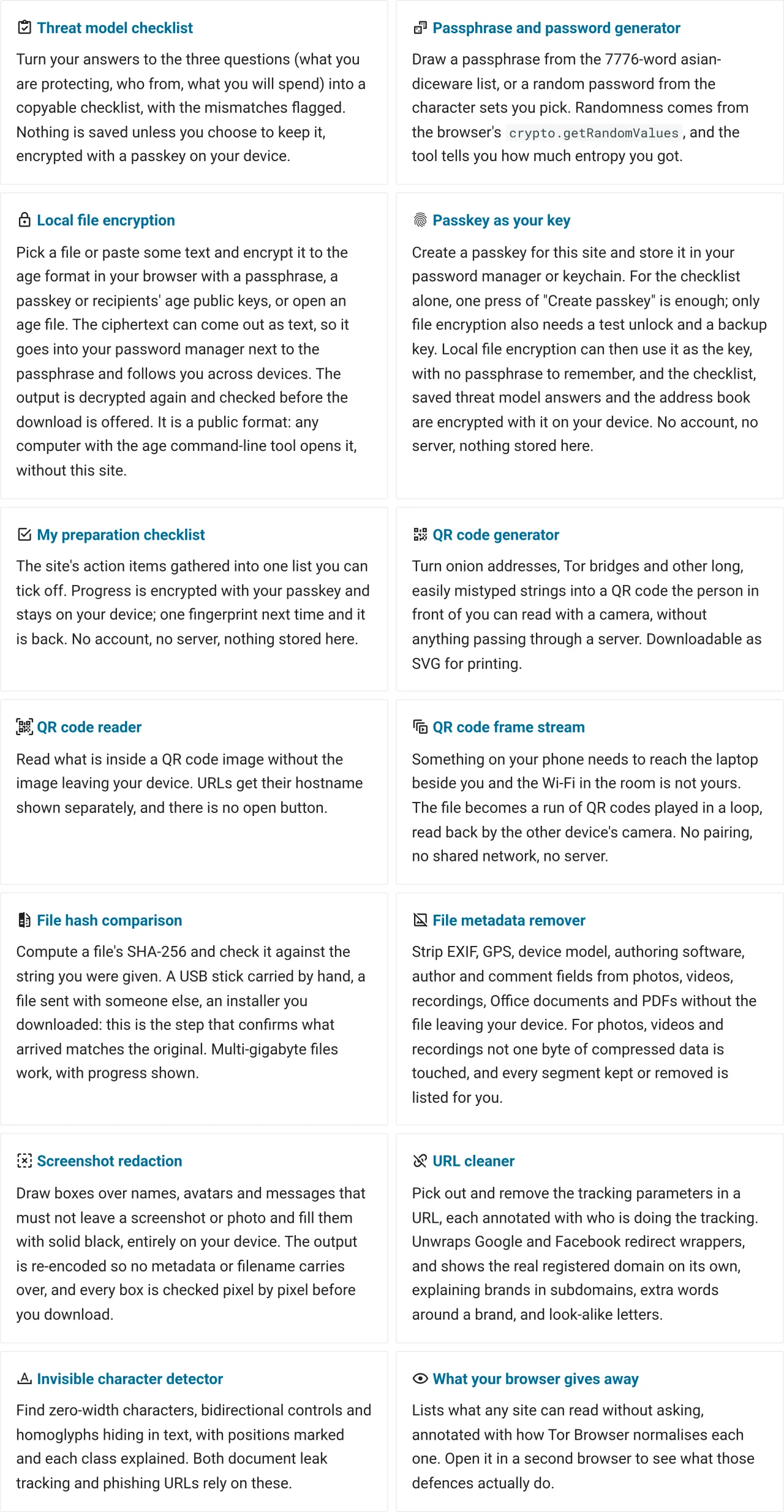 The tools index with fourteen cards, each naming a tool and what it is for