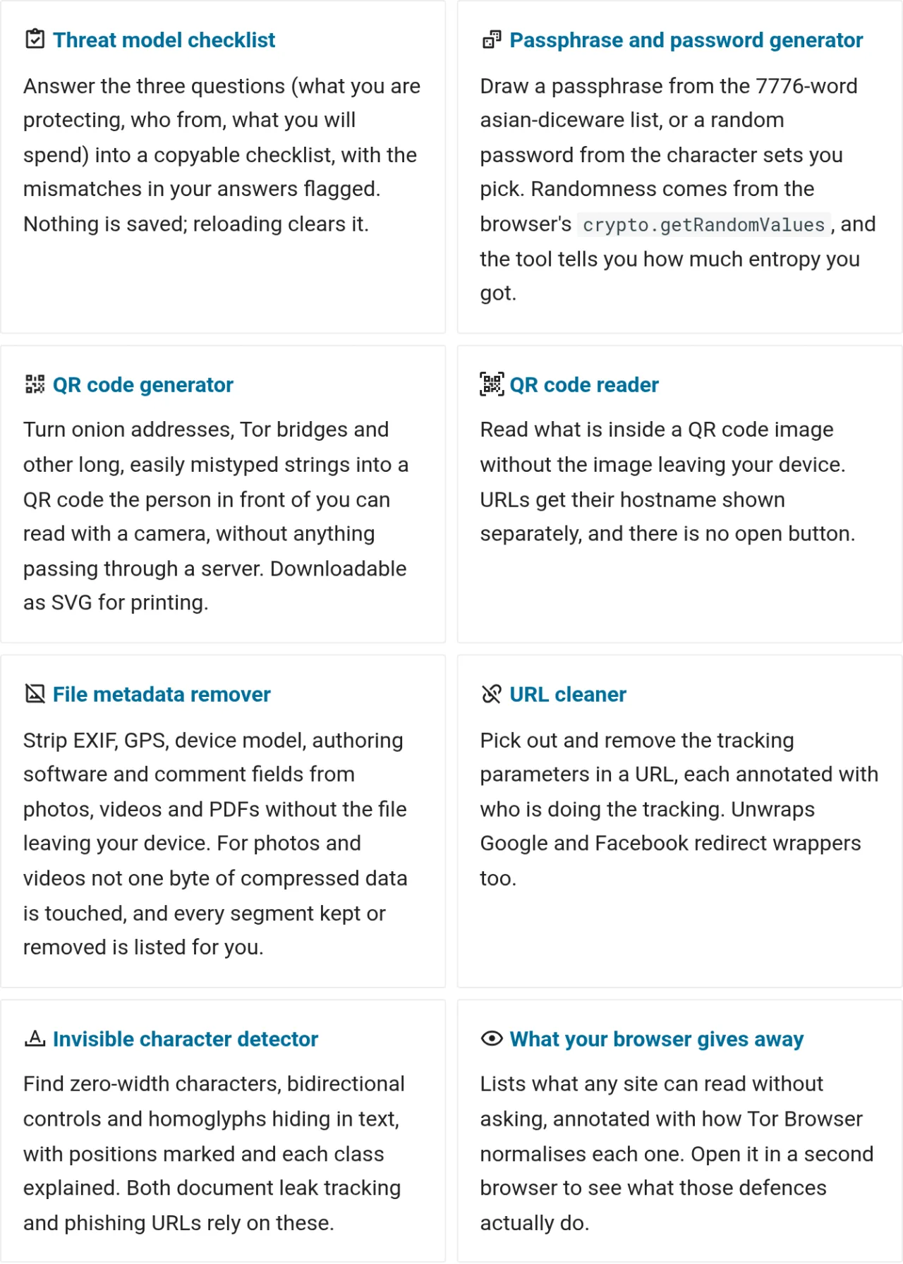 The tools index, eight cards each naming a tool and what it is for