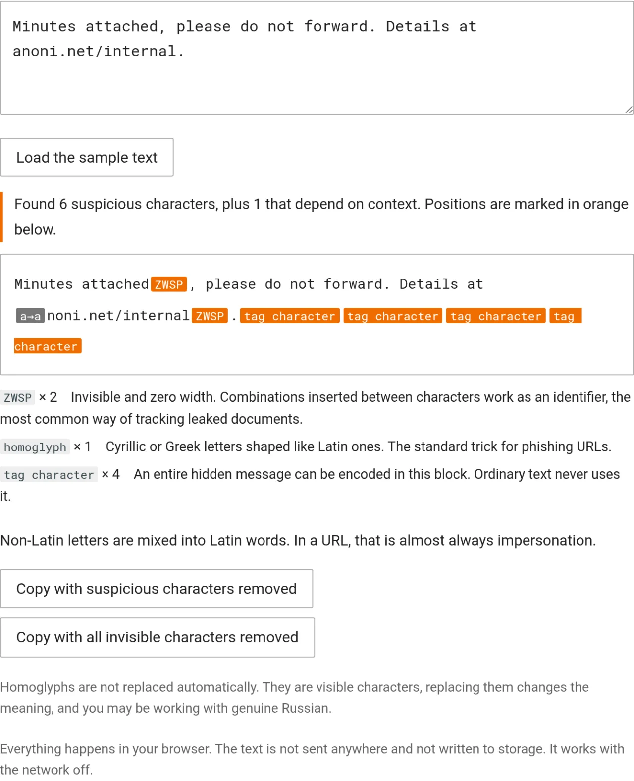 The invisible character detector, with two zero-width spaces, a Cyrillic letter impersonating a domain and four tag characters highlighted in orange in the sample text, each class explained underneath