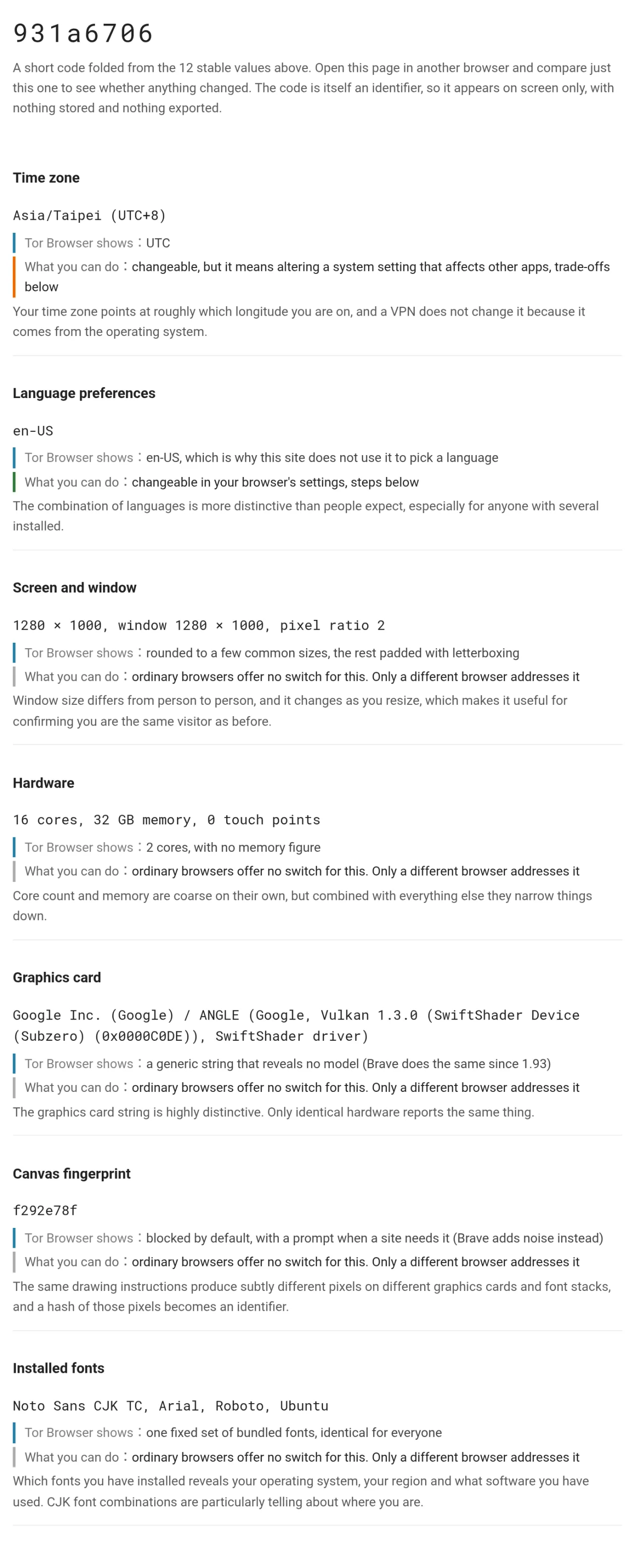 The browser fingerprint demonstration page, with an eight-character code at the top and time zone, language preference and screen size listed below, each alongside the value Tor Browser reports