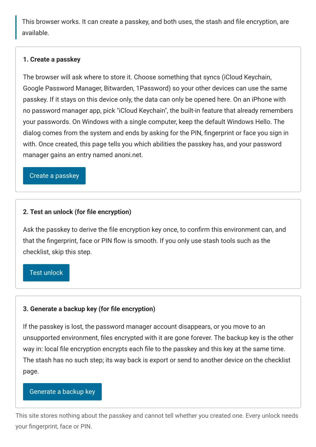 The passkey page, with three steps: create a passkey, try one unlock, and generate a backup key, each with its own explanation and button