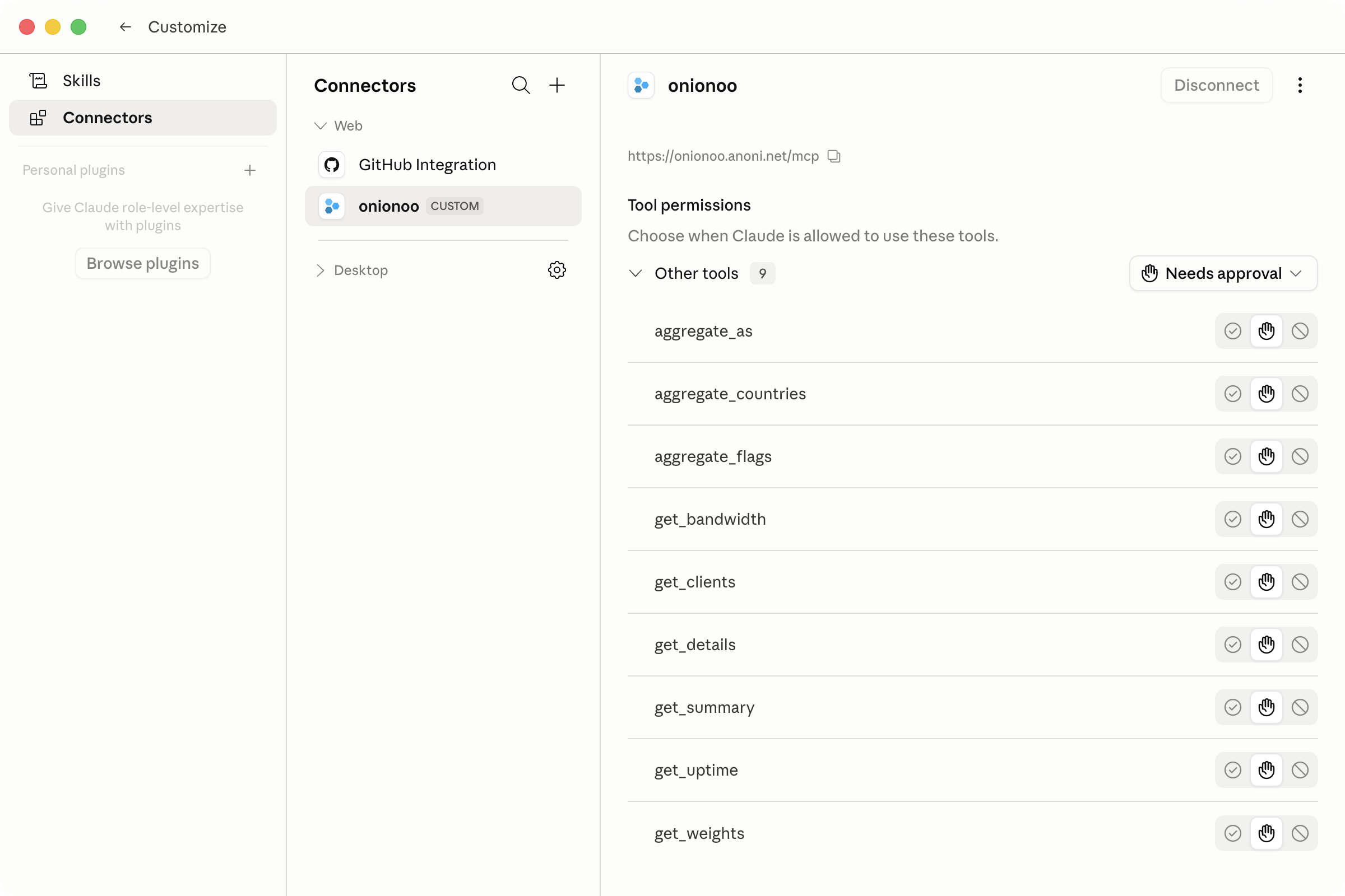 Claude Desktop Connectors panel showing onionoo as a CUSTOM connector pointed at https://onionoo.anoni.net/mcp, with nine tools listed: aggregate_as, aggregate_countries, aggregate_flags, get_bandwidth, get_clients, get_details, get_summary, get_uptime, get_weights