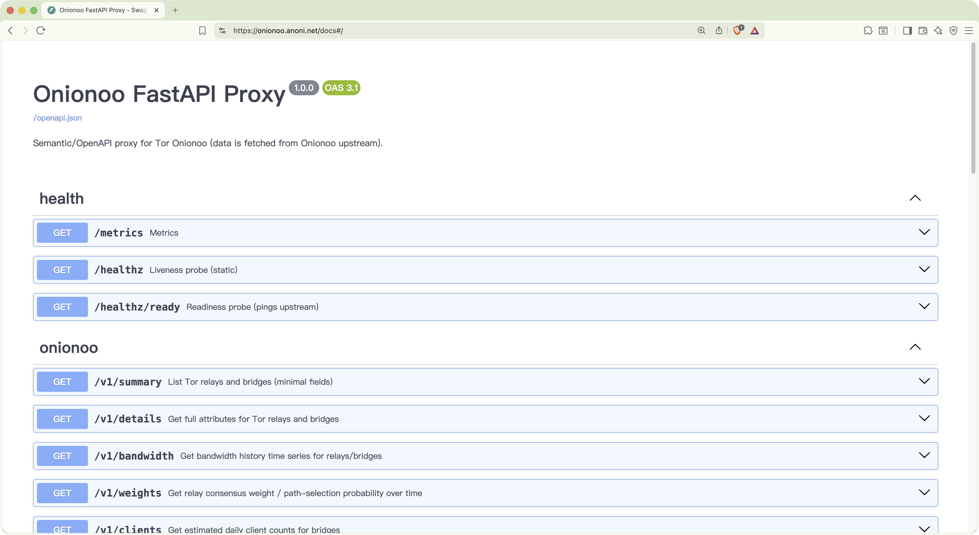 Swagger UI for onionoo.anoni.net showing Onionoo FastAPI Proxy v1.0.0 with endpoints /healthz, /metrics, /v1/summary, /v1/details, /v1/bandwidth, /v1/weights, /v1/clients