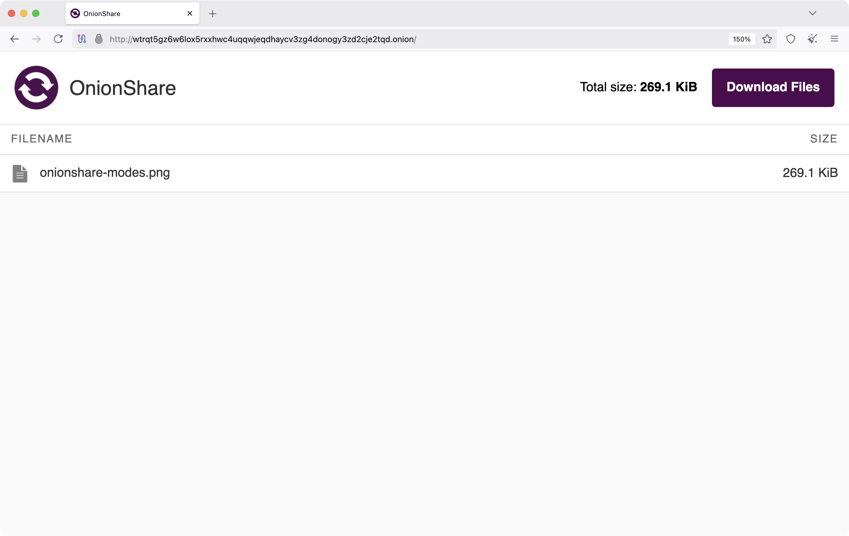 The OnionShare download page as the recipient sees it in Tor Browser