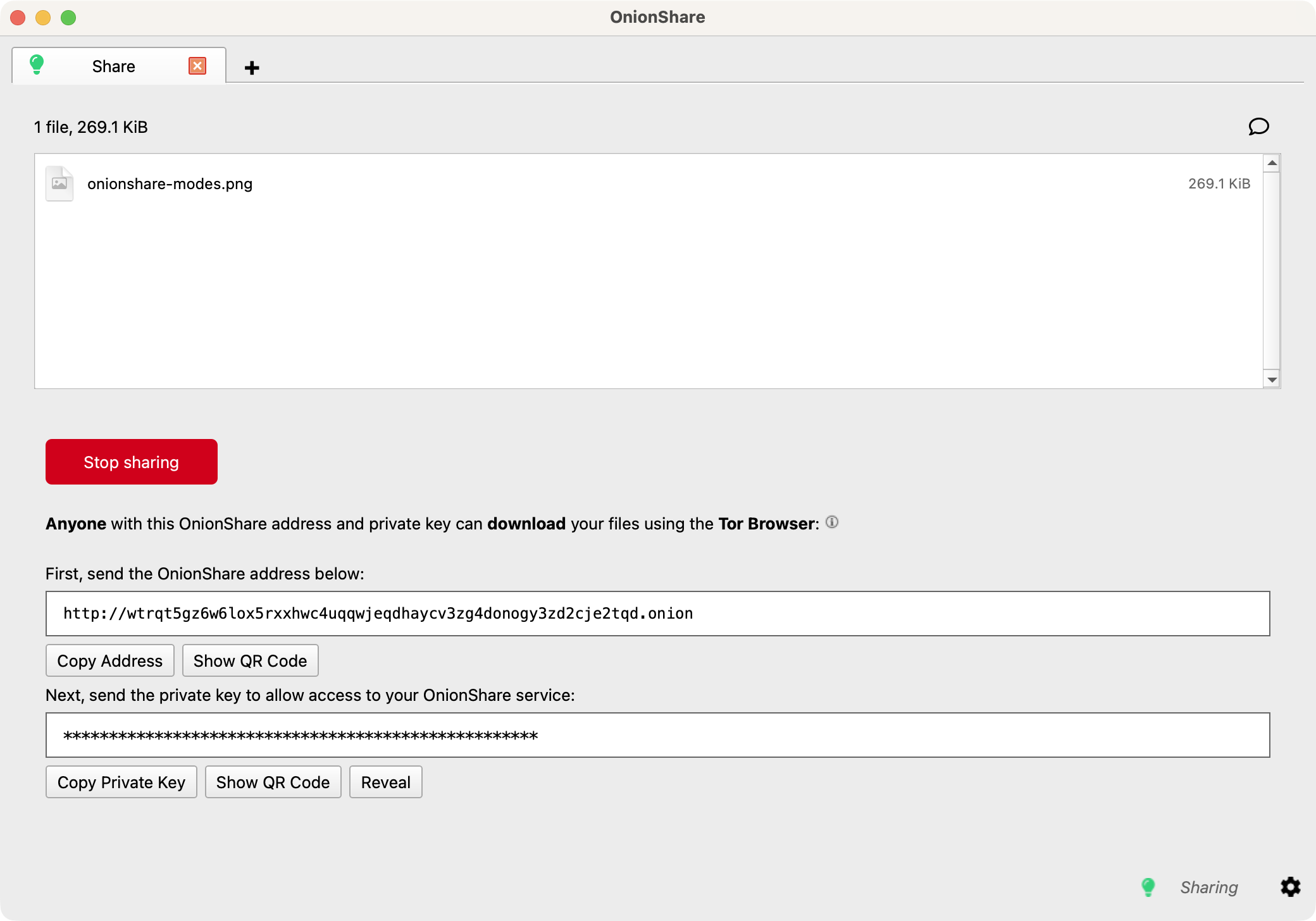 OnionShare Share Files mode showing the generated .onion URL and private key