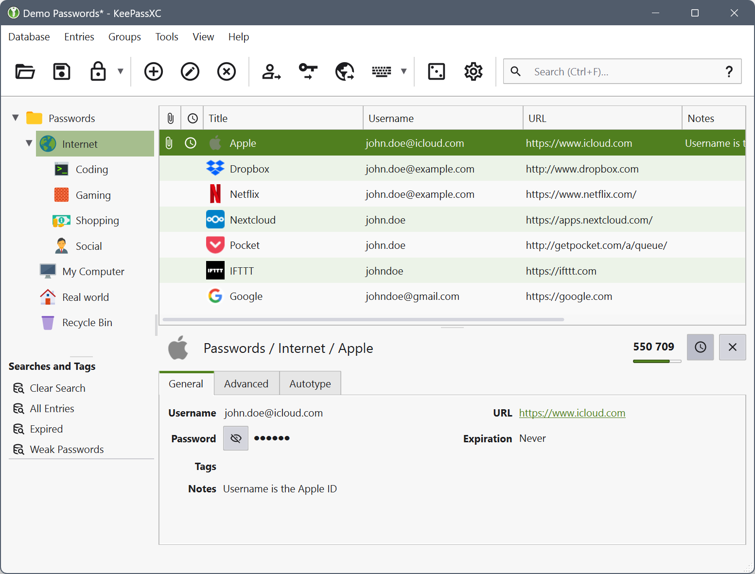 The KeePassXC main window showing a list of vault entries