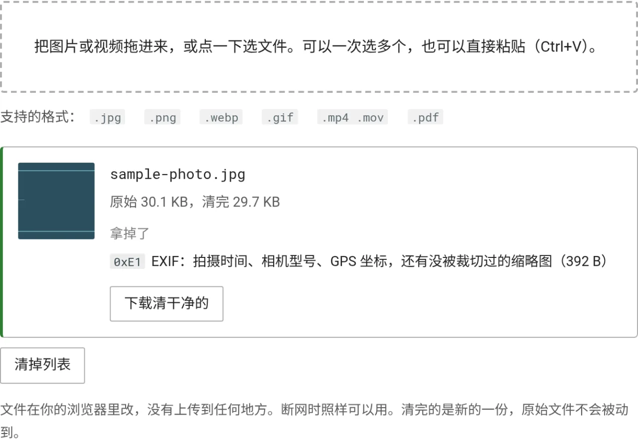 文件 metadata 清除器的画面，上方列出处理的七种格式，下方是一张示范照片清完之后从 30.1 KB 变成 29.7 KB，被移除的 EXIF 段落标示为 392 个字节