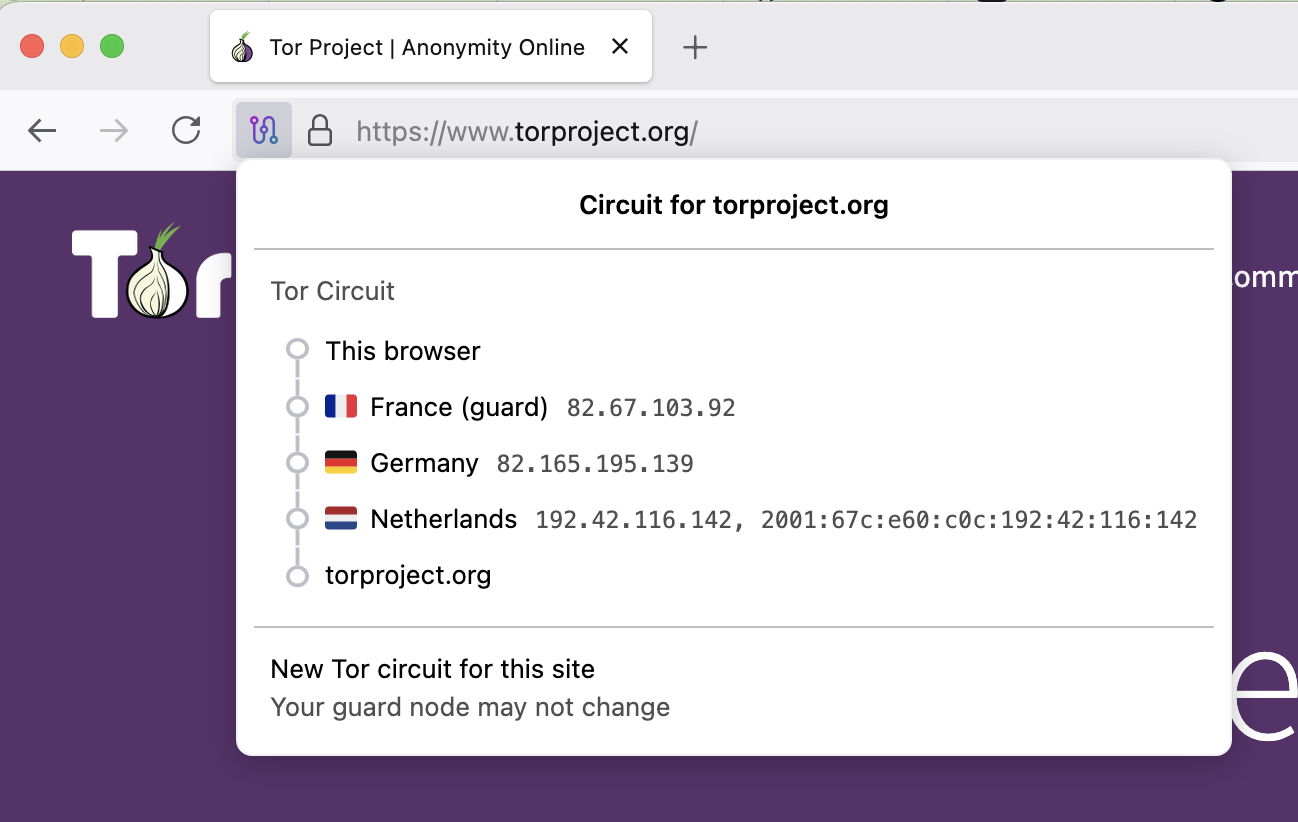 Tor Browser 顯示當前 Tor Circuit 的三層中繼節點與所在國家