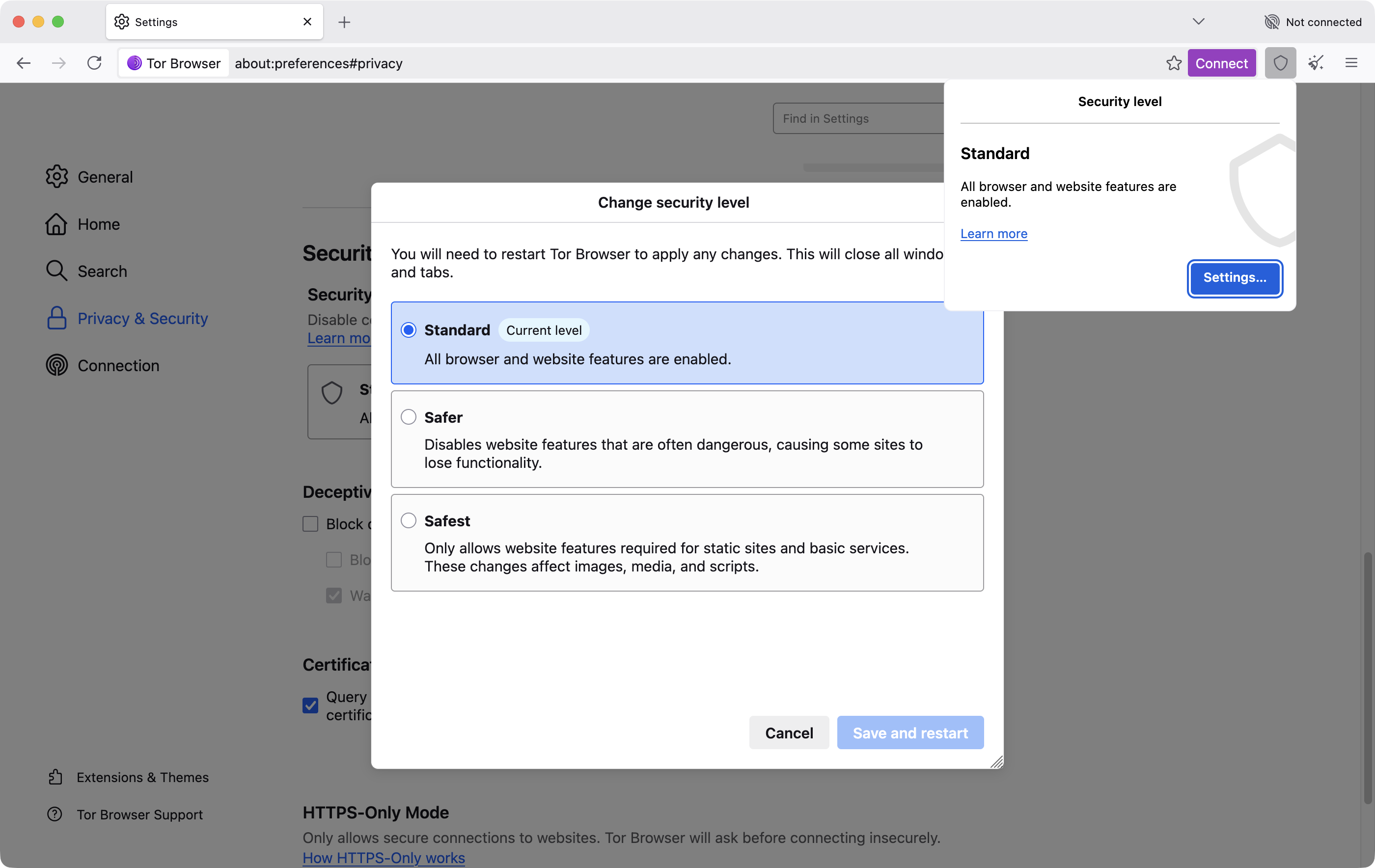 Tor Browser Security Level slider 的三段選項