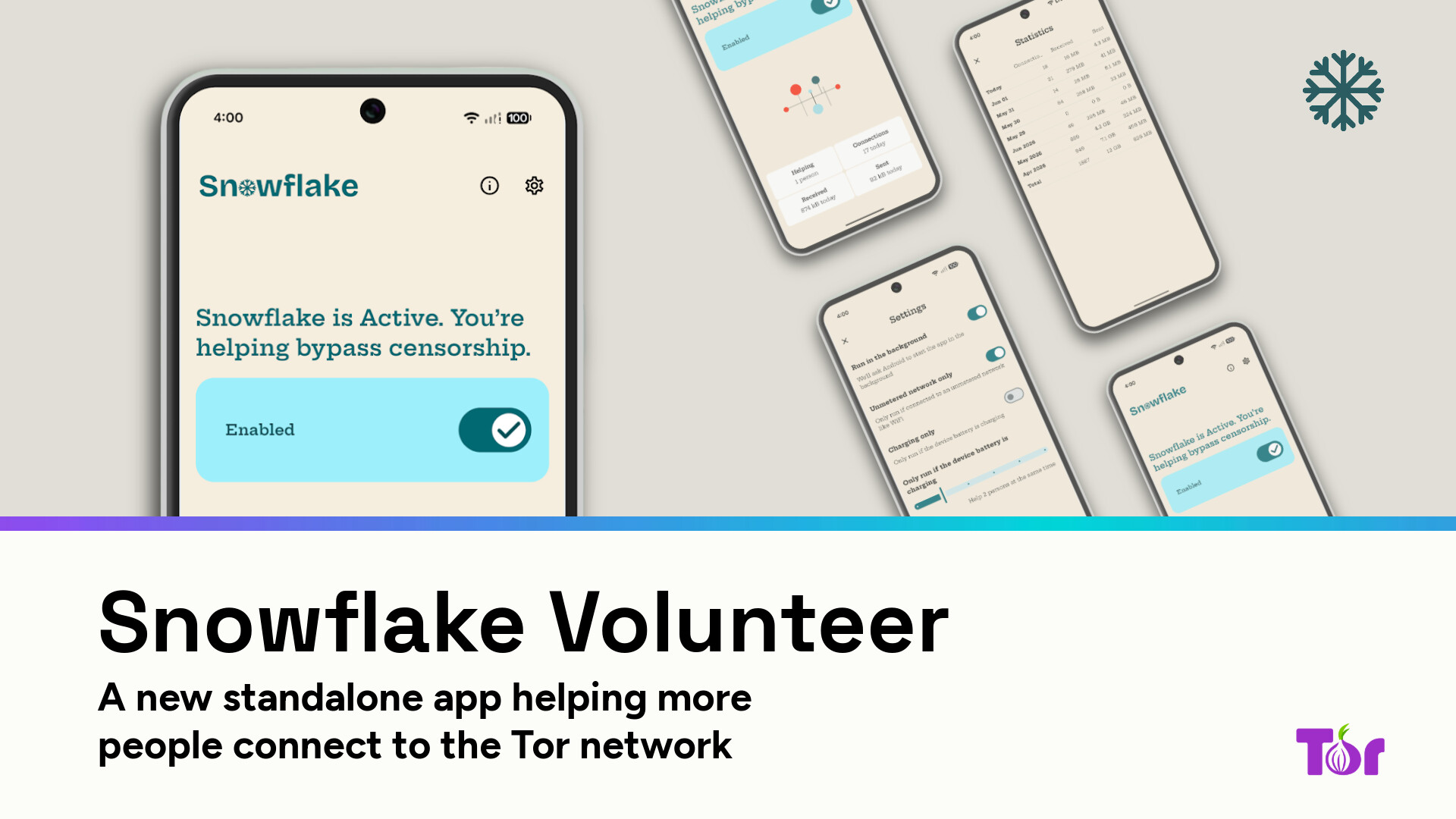 Snowflake Volunteer 官方宣傳圖，畫面中多支手機顯示 App 的啟用開關、設定選項與統計畫面
