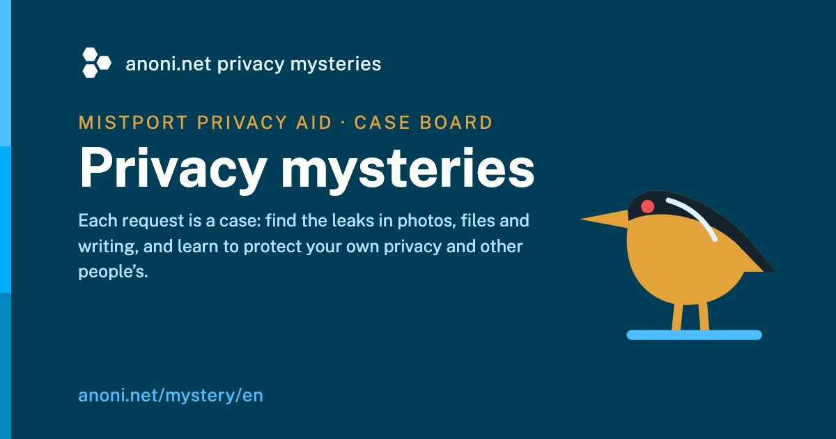 Dark blue Privacy Mysteries banner reading “Mistport Privacy Aid · Case board” above the title “Privacy Mysteries”, with a standing night heron on the right